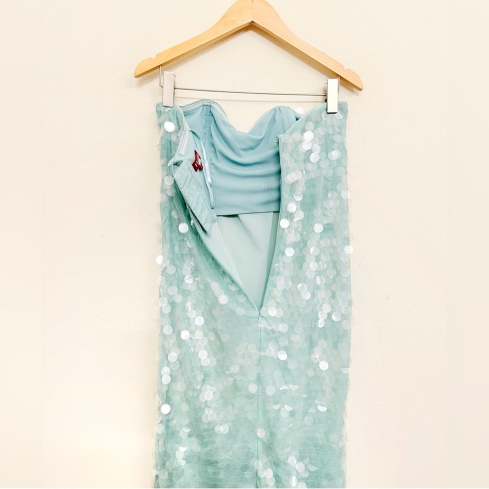 STAUD Casey Strapless Sequin Midi Dress in Mist Aqua Size 8 - Picture 12 of 17